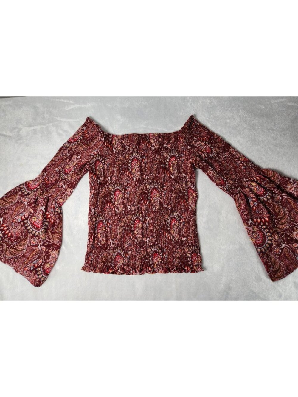No Comment Blouse Red Paisley Print Off-Shoulder Boho Flared Sleeve-SZ L